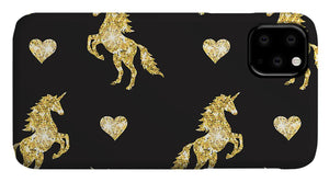 Vector seamless pattern of golden glitter unicorn silhouette isolated on black background - Phone Case