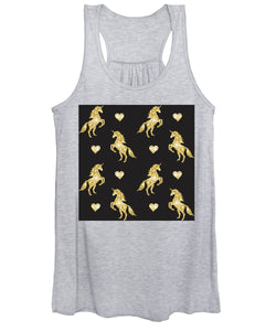 Vector seamless pattern of golden glitter unicorn silhouette isolated on black background - Women's Tank Top