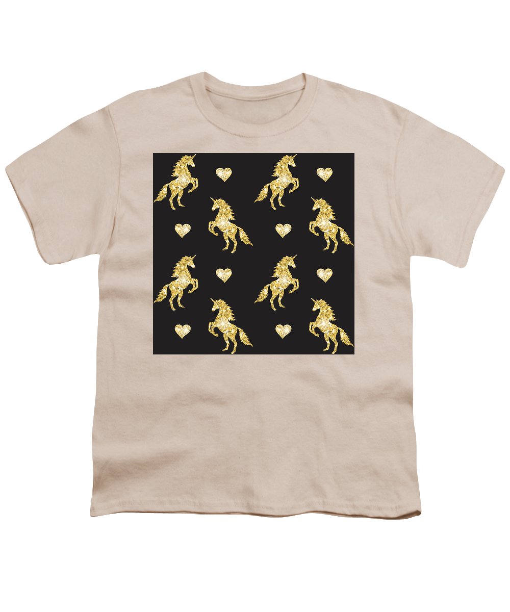 Vector seamless pattern of golden glitter unicorn silhouette isolated on black background - Youth T-Shirt