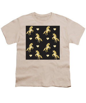 Vector seamless pattern of golden glitter unicorn silhouette isolated on black background - Youth T-Shirt