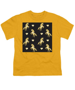 Vector seamless pattern of golden glitter unicorn silhouette isolated on black background - Youth T-Shirt