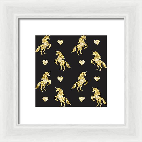 Vector seamless pattern of golden glitter unicorn silhouette isolated on black background - Framed Print