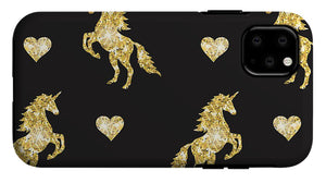 Vector seamless pattern of golden glitter unicorn silhouette isolated on black background - Phone Case