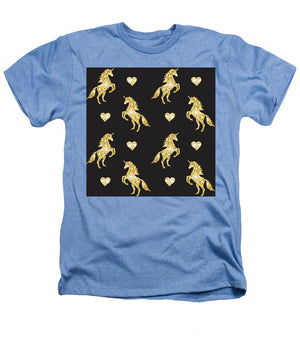 Vector seamless pattern of golden glitter unicorn silhouette isolated on black background - Heathers T-Shirt