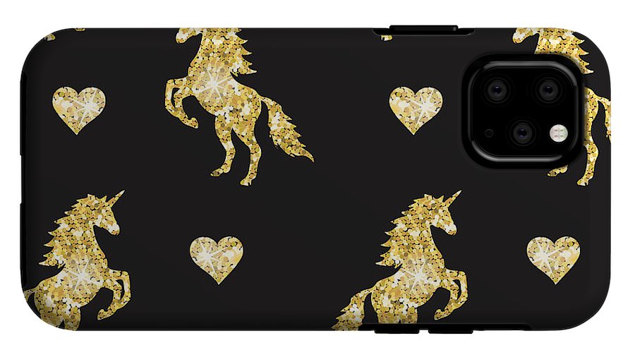Vector seamless pattern of golden glitter unicorn silhouette isolated on black background - Phone Case