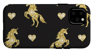 Vector seamless pattern of golden glitter unicorn silhouette isolated on black background - Phone Case