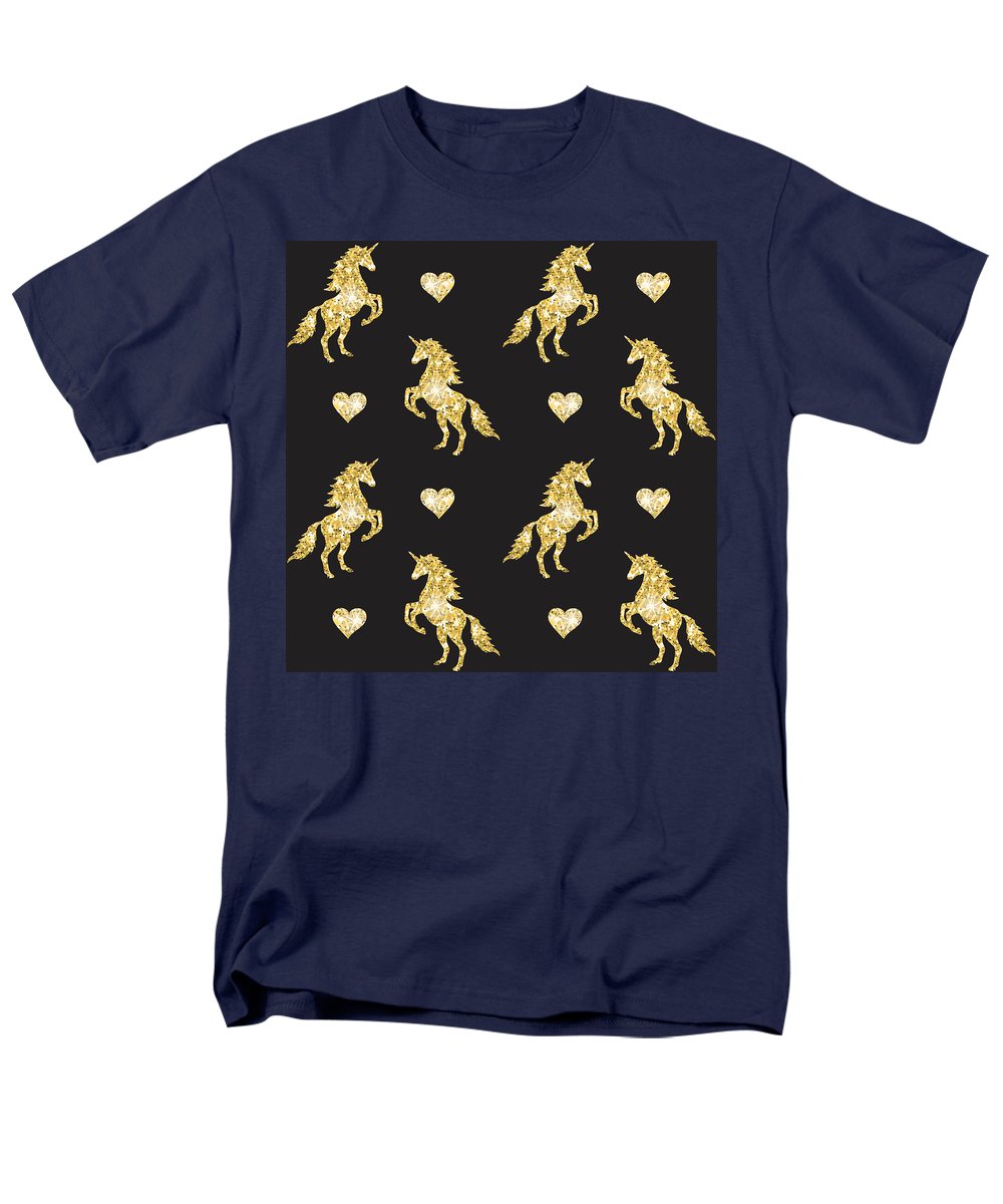 Vector seamless pattern of golden glitter unicorn silhouette isolated on black background - Men's T-Shirt  (Regular Fit)