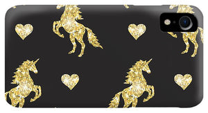Vector seamless pattern of golden glitter unicorn silhouette isolated on black background - Phone Case