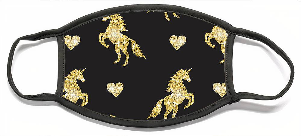 Vector seamless pattern of golden glitter unicorn silhouette isolated on black background - Face Mask