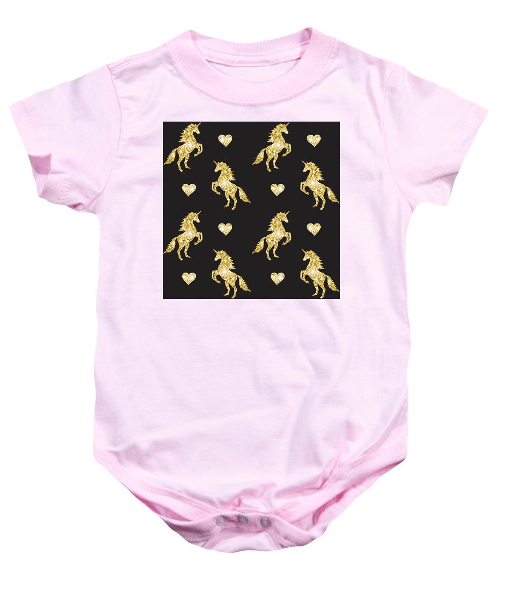 Vector seamless pattern of golden glitter unicorn silhouette isolated on black background - Baby Onesie