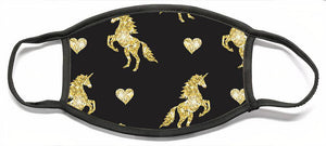 Vector seamless pattern of golden glitter unicorn silhouette isolated on black background - Face Mask
