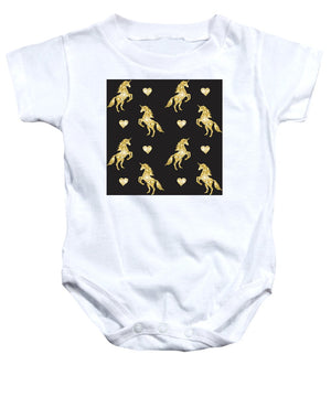 Vector seamless pattern of golden glitter unicorn silhouette isolated on black background - Baby Onesie