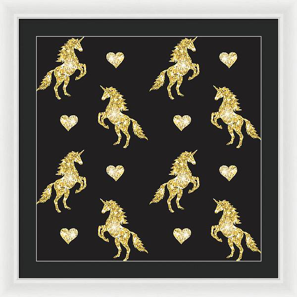 Vector seamless pattern of golden glitter unicorn silhouette isolated on black background - Framed Print