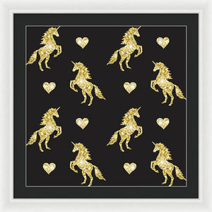 Vector seamless pattern of golden glitter unicorn silhouette isolated on black background - Framed Print