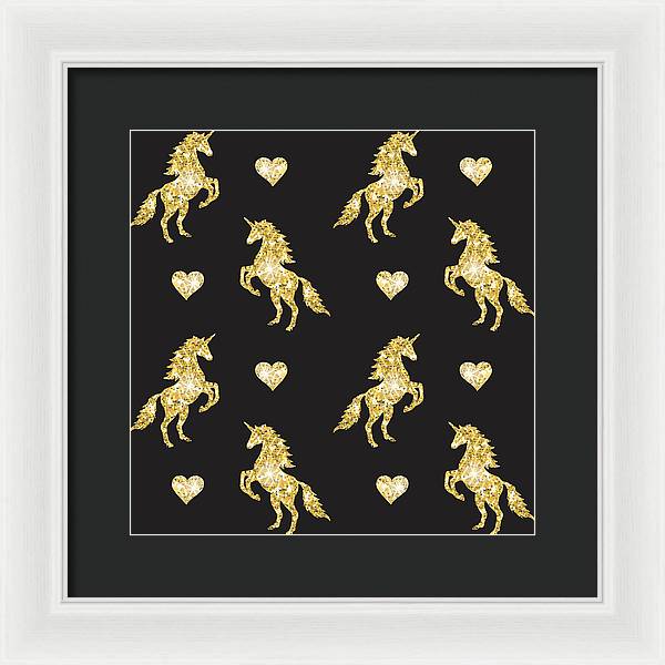 Vector seamless pattern of golden glitter unicorn silhouette isolated on black background - Framed Print