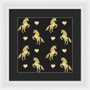 Vector seamless pattern of golden glitter unicorn silhouette isolated on black background - Framed Print