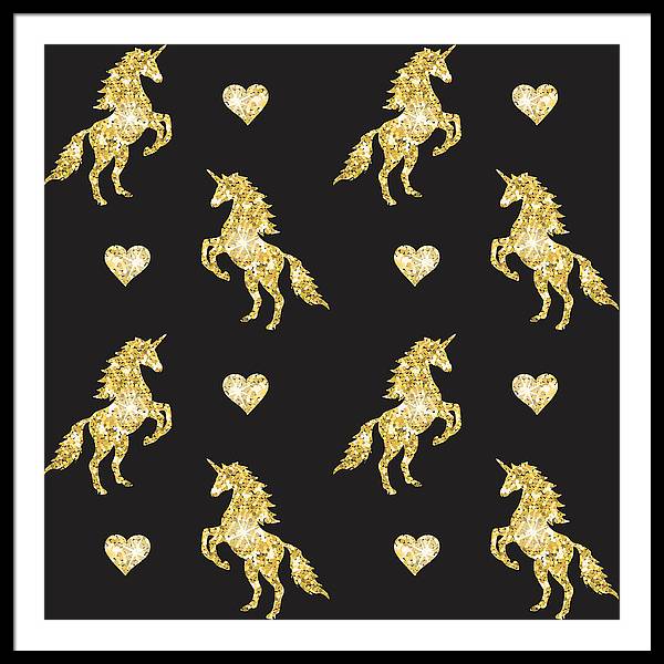 Vector seamless pattern of golden glitter unicorn silhouette isolated on black background - Framed Print
