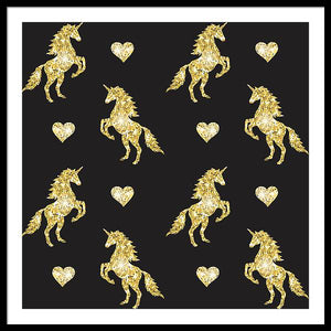 Vector seamless pattern of golden glitter unicorn silhouette isolated on black background - Framed Print