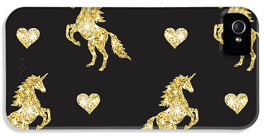 Vector seamless pattern of golden glitter unicorn silhouette isolated on black background - Phone Case
