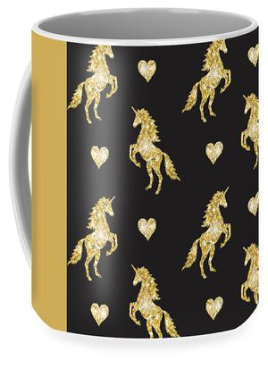 Vector seamless pattern of golden glitter unicorn silhouette isolated on black background - Mug