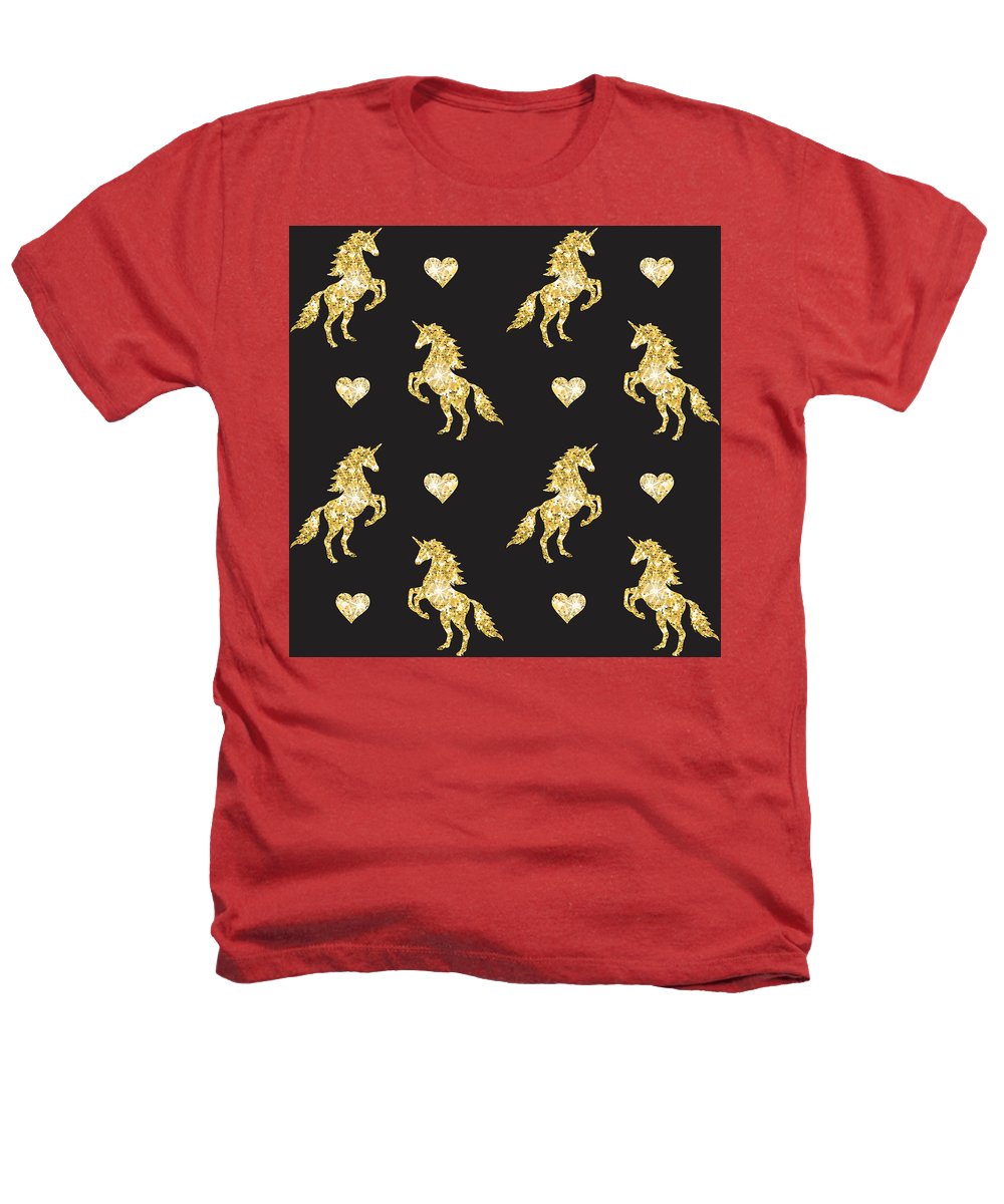 Vector seamless pattern of golden glitter unicorn silhouette isolated on black background - Heathers T-Shirt