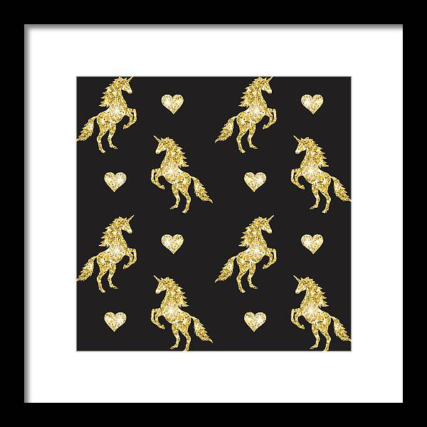 Vector seamless pattern of golden glitter unicorn silhouette isolated on black background - Framed Print