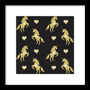 Vector seamless pattern of golden glitter unicorn silhouette isolated on black background - Framed Print