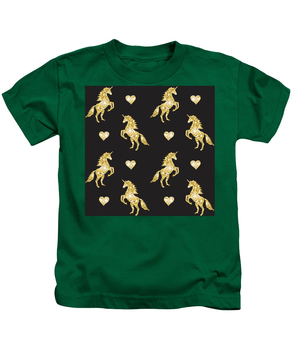 Vector seamless pattern of golden glitter unicorn silhouette isolated on black background - Kids T-Shirt