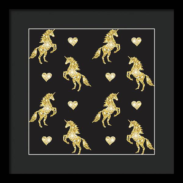 Vector seamless pattern of golden glitter unicorn silhouette isolated on black background - Framed Print