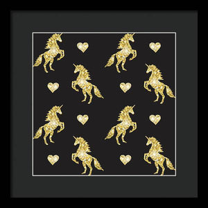 Vector seamless pattern of golden glitter unicorn silhouette isolated on black background - Framed Print