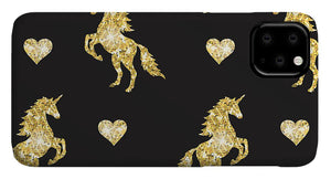Vector seamless pattern of golden glitter unicorn silhouette isolated on black background - Phone Case