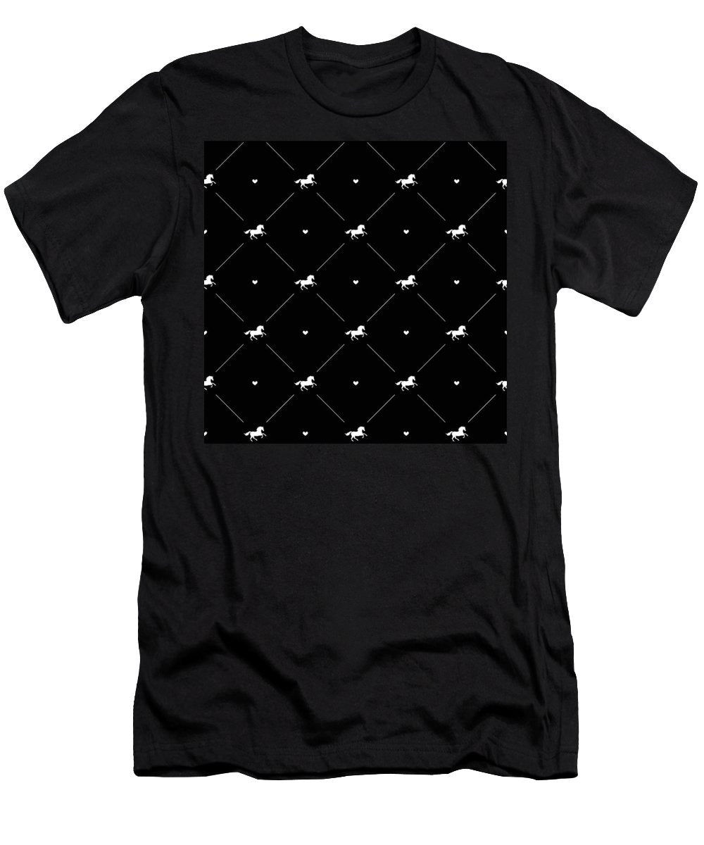 Vector seamless pattern of white horse silhouette with heart isolated on black - T-Shirt