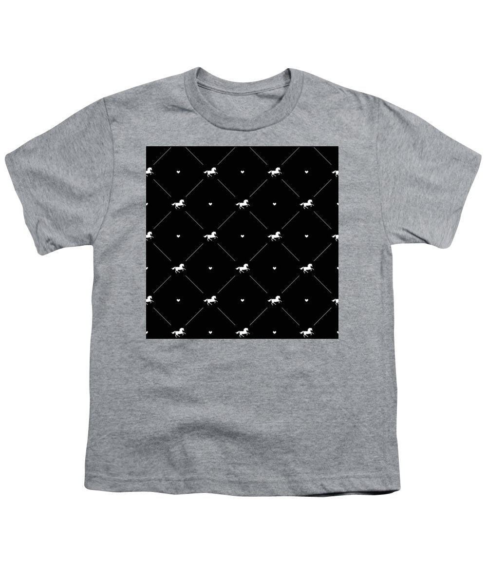 Vector seamless pattern of white horse silhouette with heart isolated on black - Youth T-Shirt
