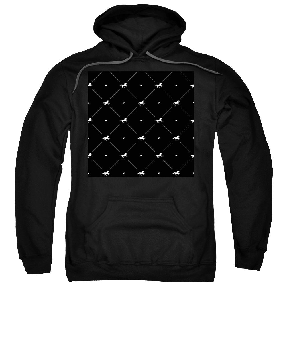 Vector seamless pattern of white horse silhouette with heart isolated on black - Sweatshirt