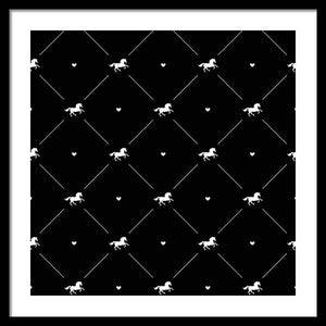 Vector seamless pattern of white horse silhouette with heart isolated on black - Framed Print
