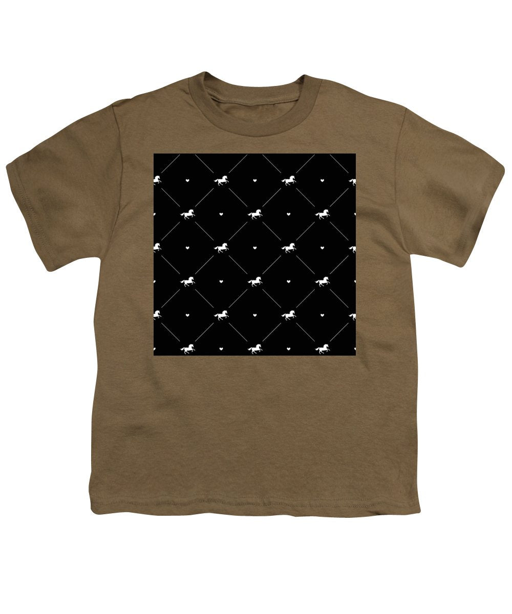 Vector seamless pattern of white horse silhouette with heart isolated on black - Youth T-Shirt