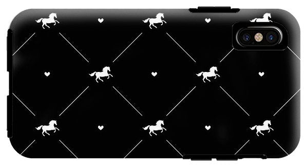 Vector seamless pattern of white horse silhouette with heart isolated on black - Phone Case