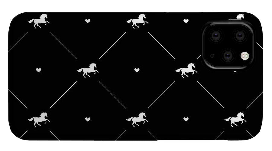 Vector seamless pattern of white horse silhouette with heart isolated on black - Phone Case