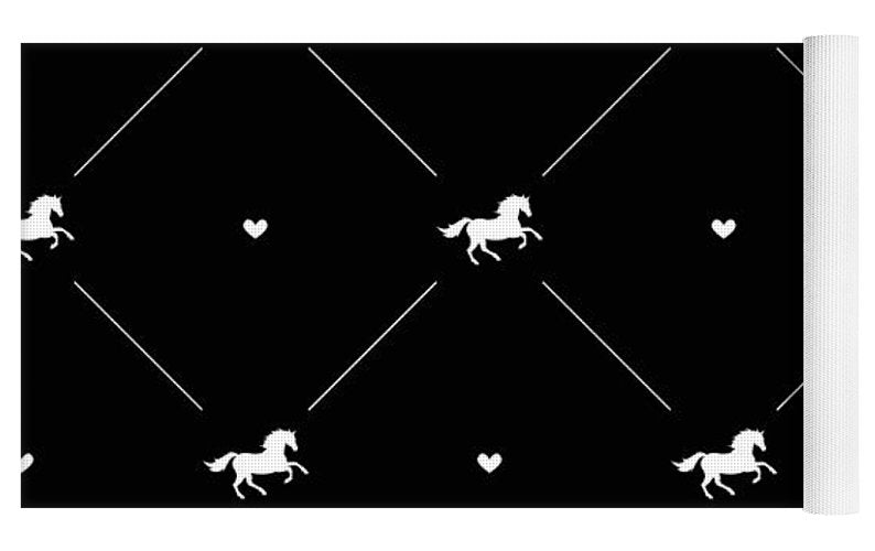 Vector seamless pattern of white horse silhouette with heart isolated on black - Yoga Mat