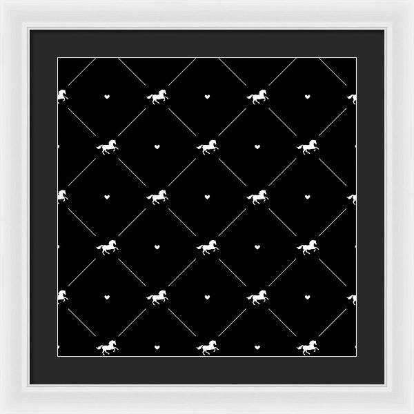 Vector seamless pattern of white horse silhouette with heart isolated on black - Framed Print
