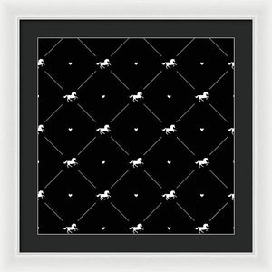 Vector seamless pattern of white horse silhouette with heart isolated on black - Framed Print