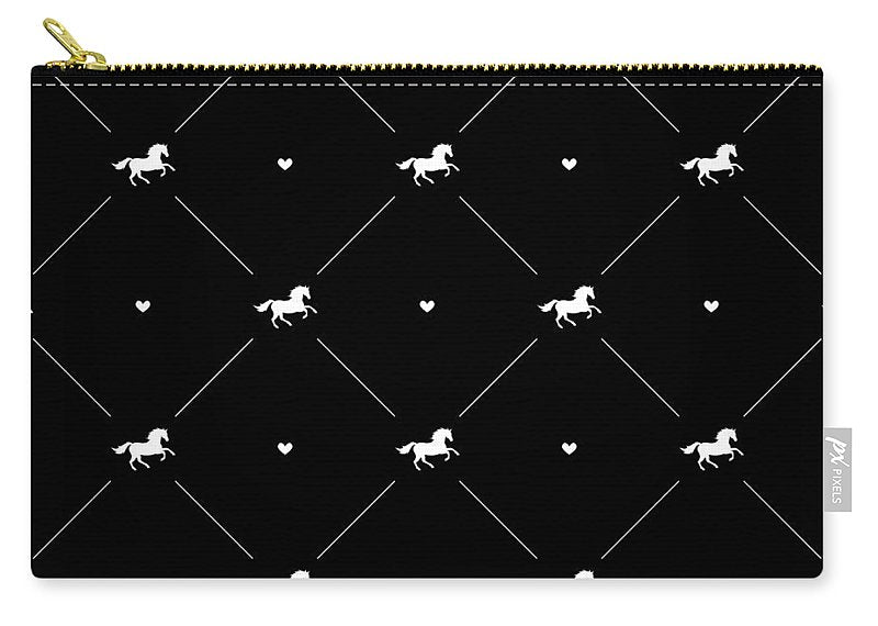 Vector seamless pattern of white horse silhouette with heart isolated on black - Carry-All Pouch