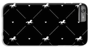 Vector seamless pattern of white horse silhouette with heart isolated on black - Phone Case