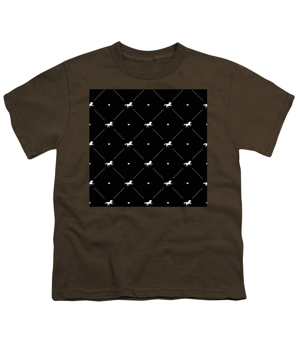 Vector seamless pattern of white horse silhouette with heart isolated on black - Youth T-Shirt