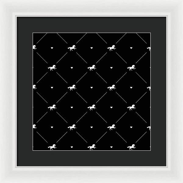 Vector seamless pattern of white horse silhouette with heart isolated on black - Framed Print