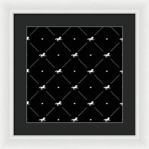 Vector seamless pattern of white horse silhouette with heart isolated on black - Framed Print
