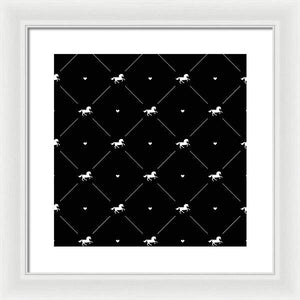 Vector seamless pattern of white horse silhouette with heart isolated on black - Framed Print