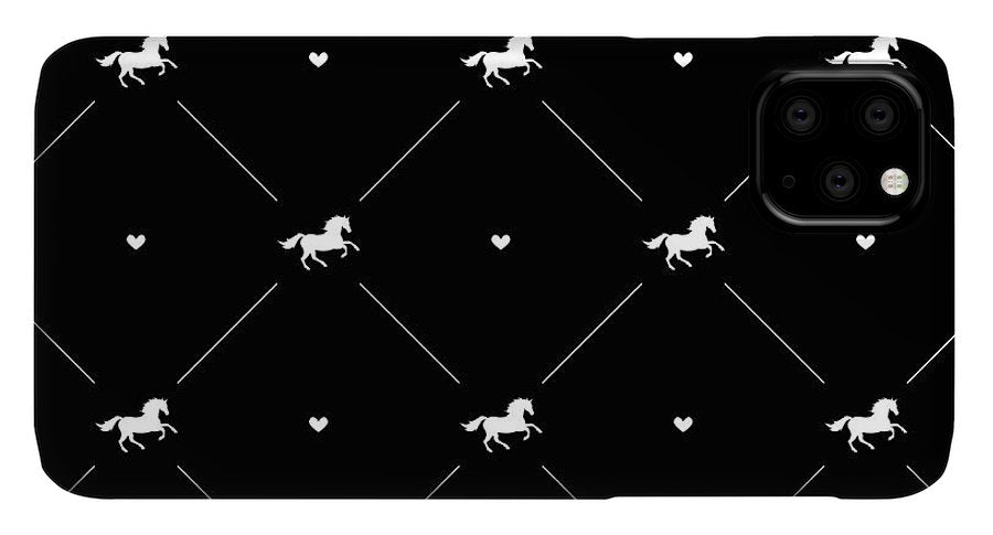 Vector seamless pattern of white horse silhouette with heart isolated on black - Phone Case