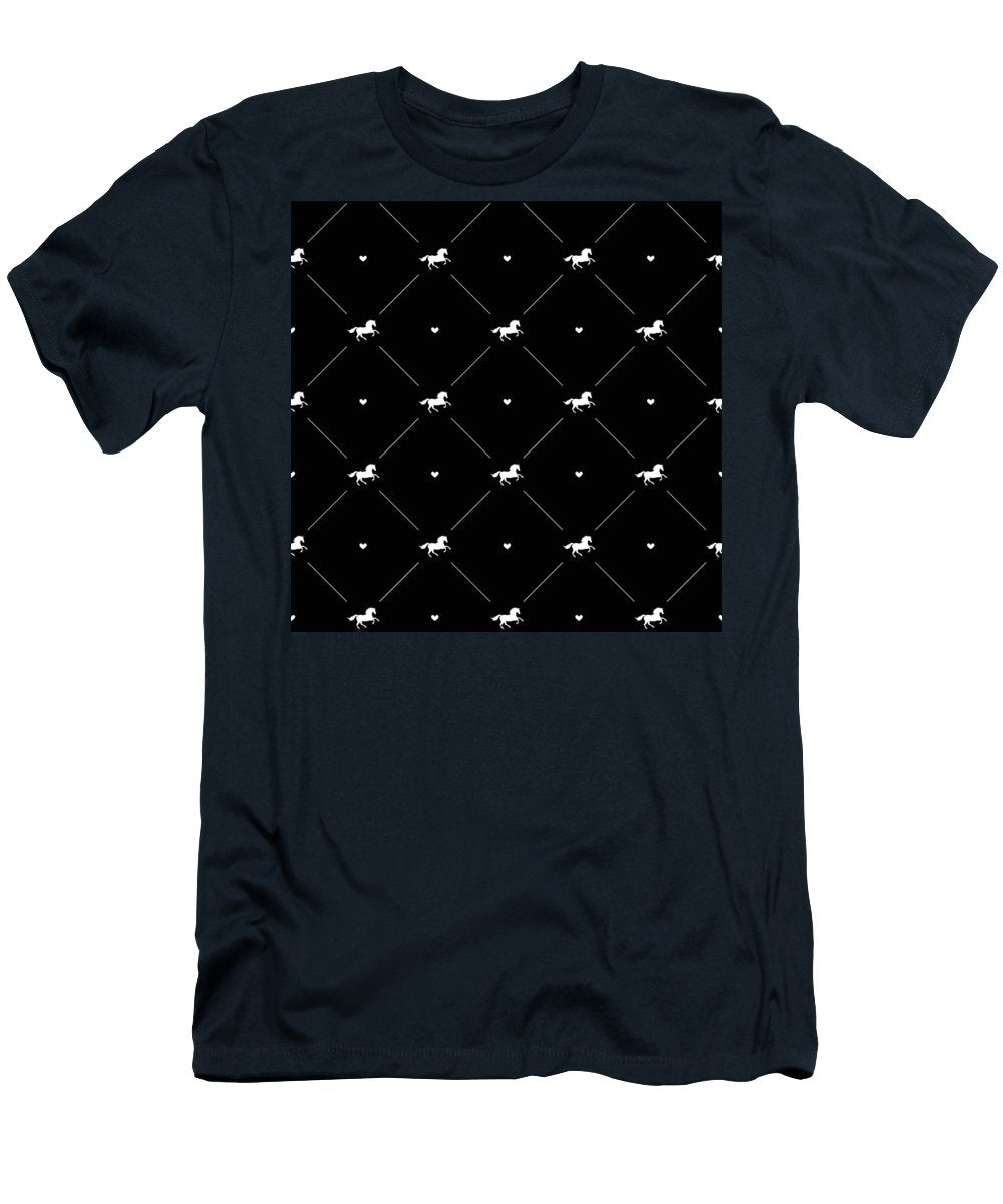 Vector seamless pattern of white horse silhouette with heart isolated on black - T-Shirt