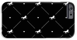 Vector seamless pattern of white horse silhouette with heart isolated on black - Phone Case